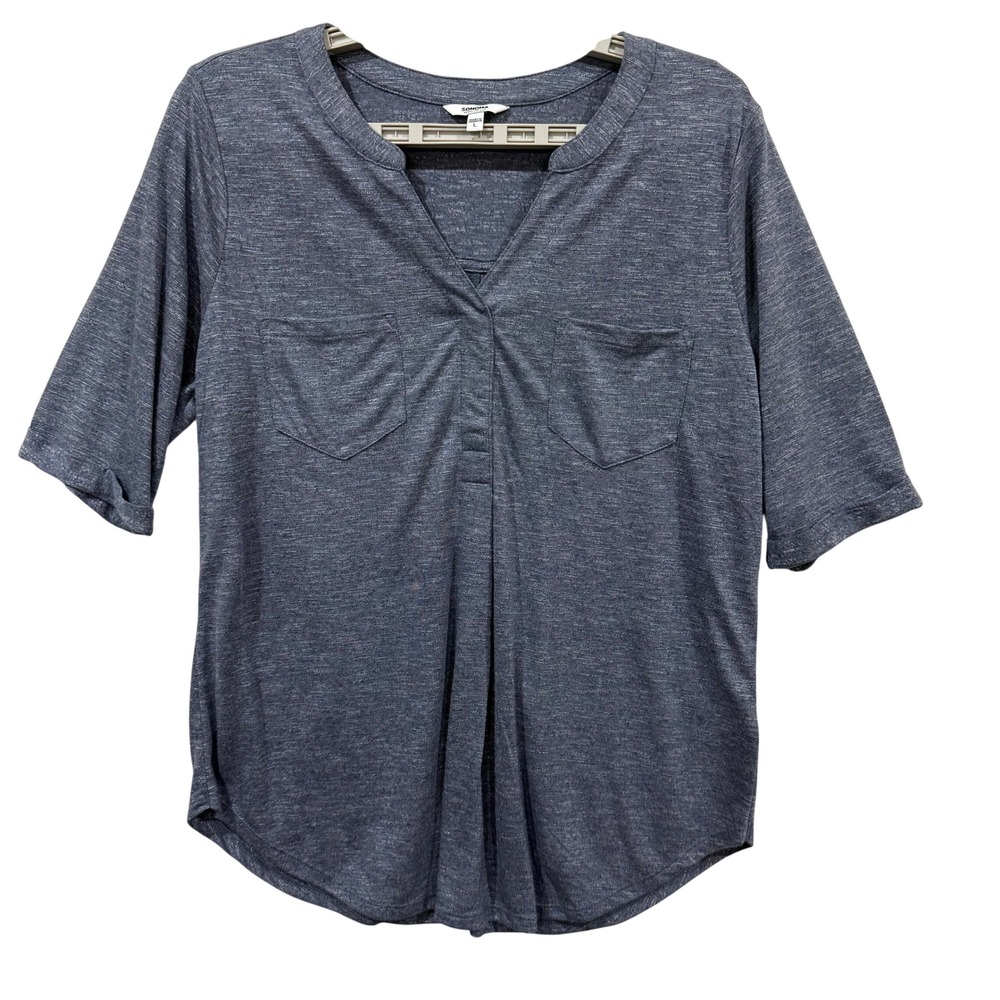 Sonoma Goods For Life Women Blue Space Dye Split Neck Elbow Sleeve Top Large